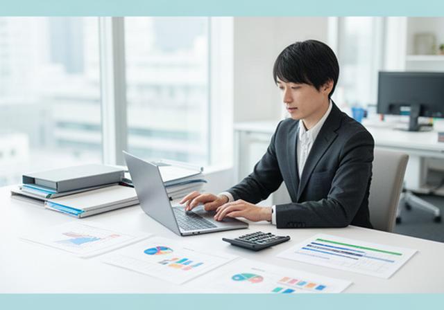 明るい事務所で管理担当者がノートパソコンと売上集計表を確認し、月次締めの数字を整理している様子
