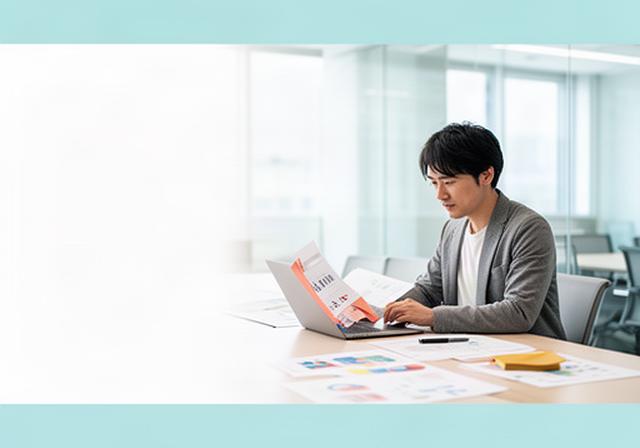 明るい会議室で担当者がノートパソコンを開き、社内文書と提案資料を確認している様子